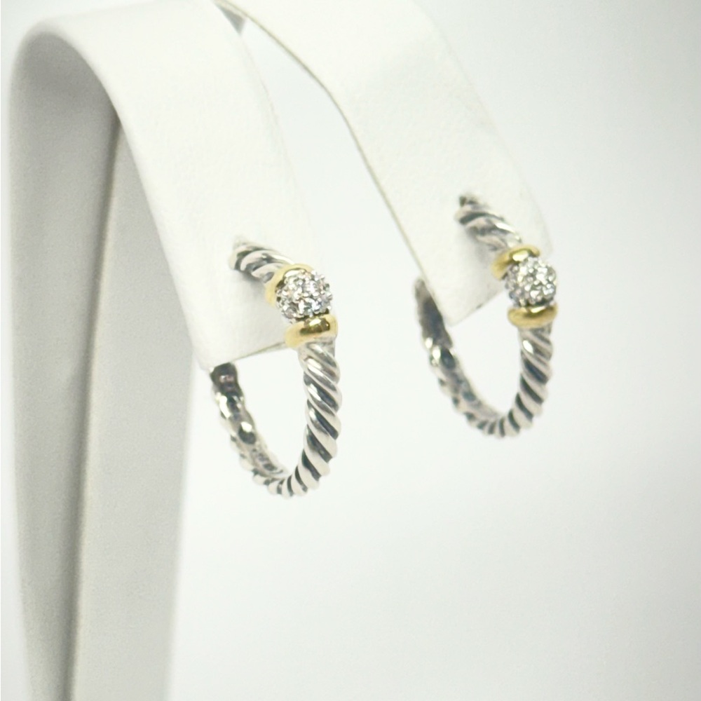 David Yurman Petite Diamond Ball Semi Hoop Earrings .925 / 18K Gold - Picture 4 of 11